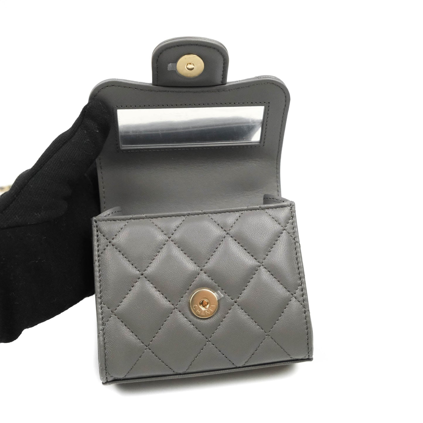 Chanel Mini Handle Clutch With Chain Grey Lambskin Gold Hardware