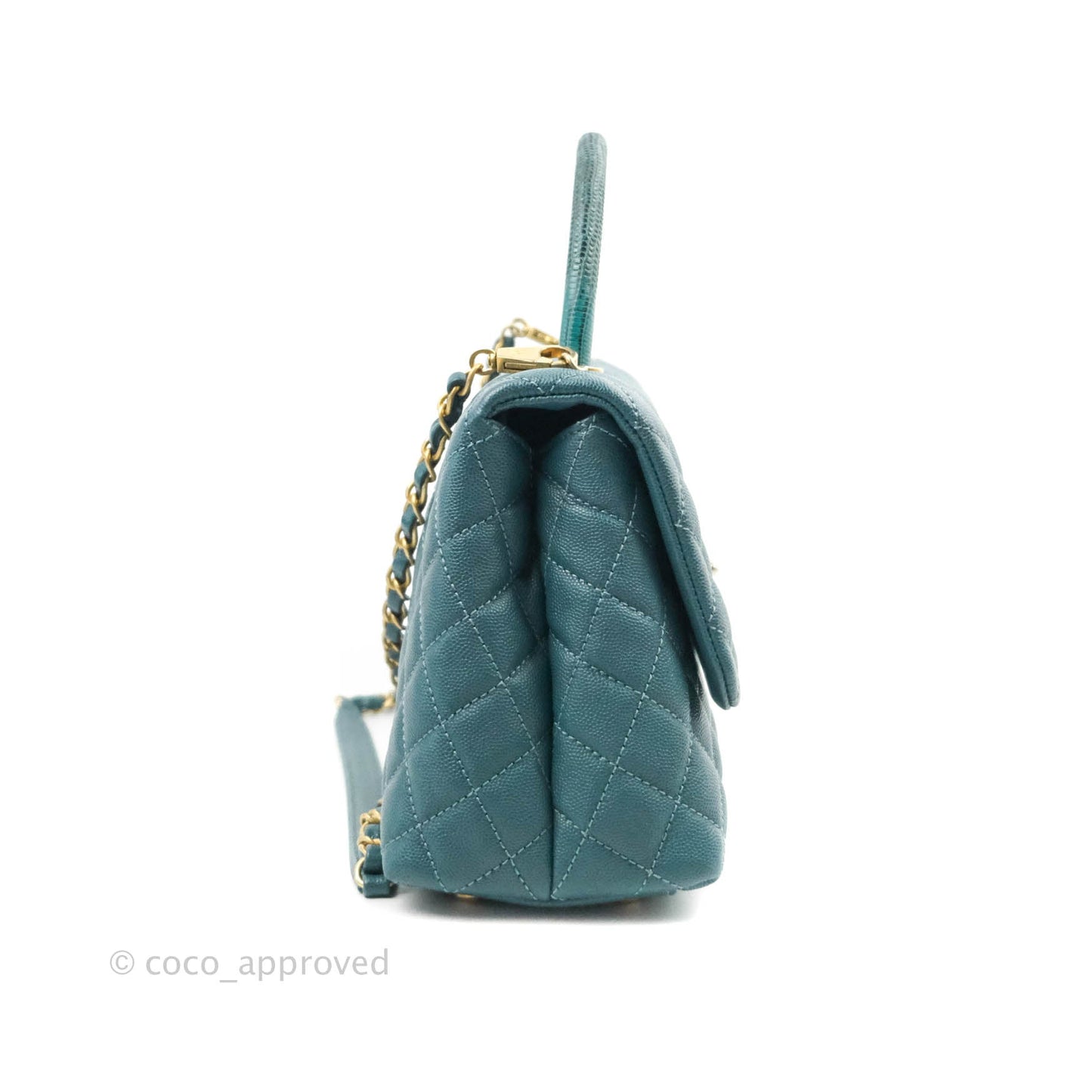 Chanel Medium Coco Handle Quilted Teal Caviar Lizard Handle Aged Gold Hardware