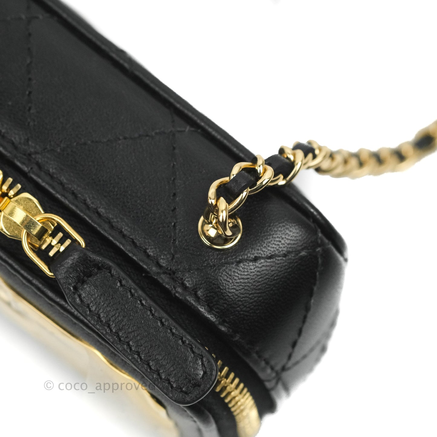 Chanel Quilted Mini Golden Plate Vanity Case With Chain Black Lambskin Gold Hardware