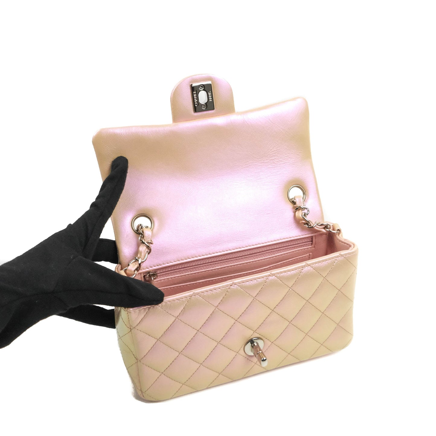 Chanel Quilted Mini Rectangular Flap Iridescent Pink Calfskin Silver Hardware