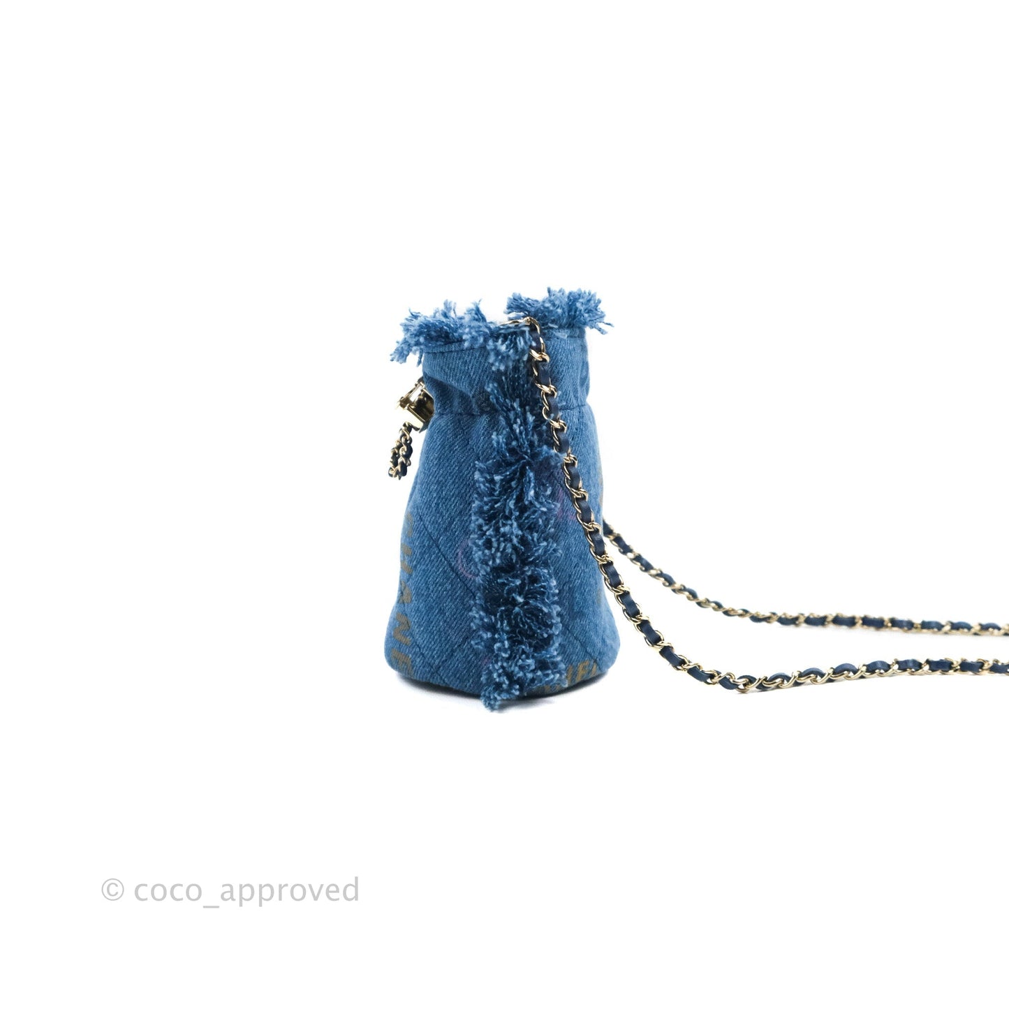 Chanel Mood Denim Mini Bucket Bag with Chain Blue Gold Hardware