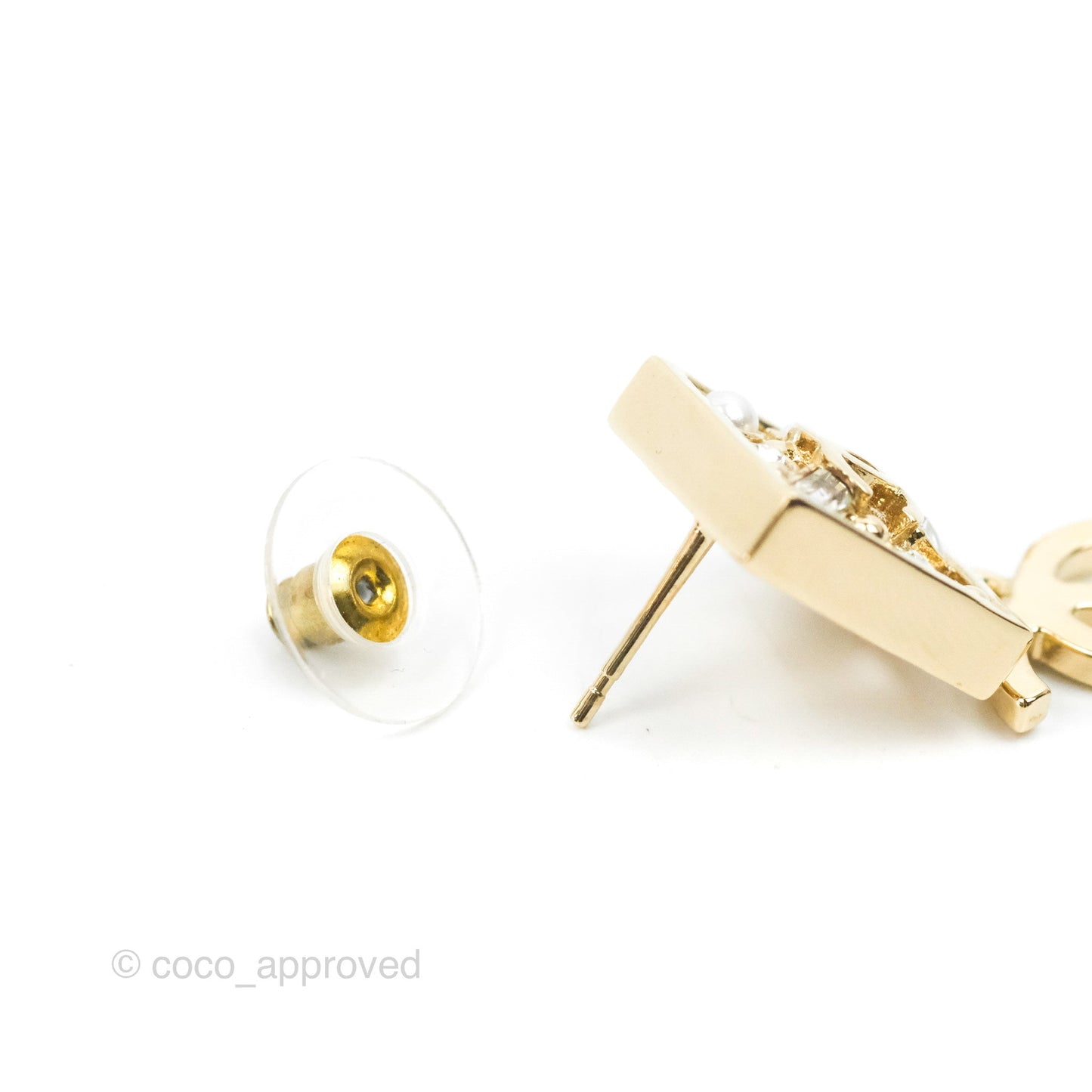 Chanel Square Crystal Pearl CC Drop Earrings Gold Tone 22C