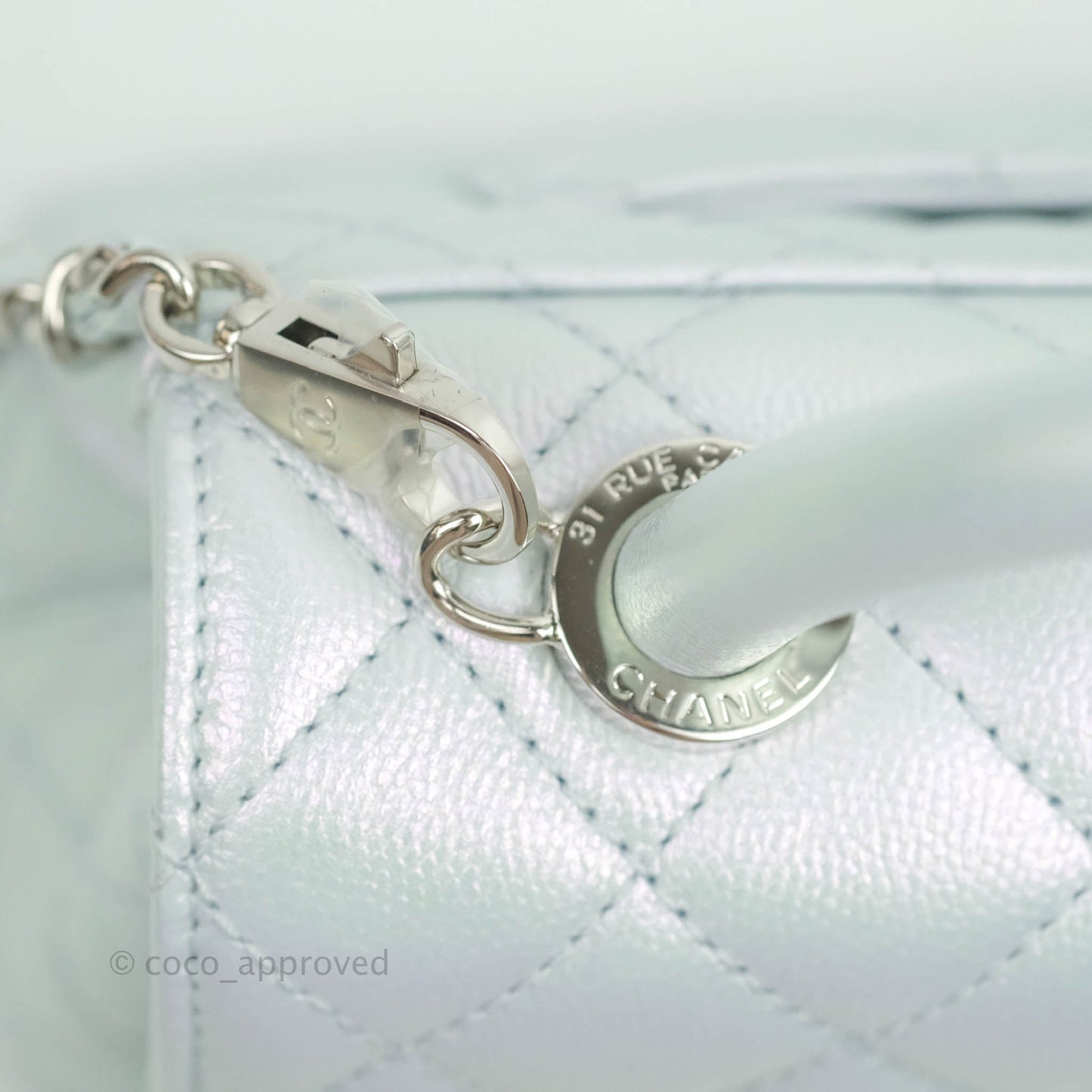 Chanel Mini Coco Handle Quilted Iridescent Light Blue Caviar Rainbow Hardware