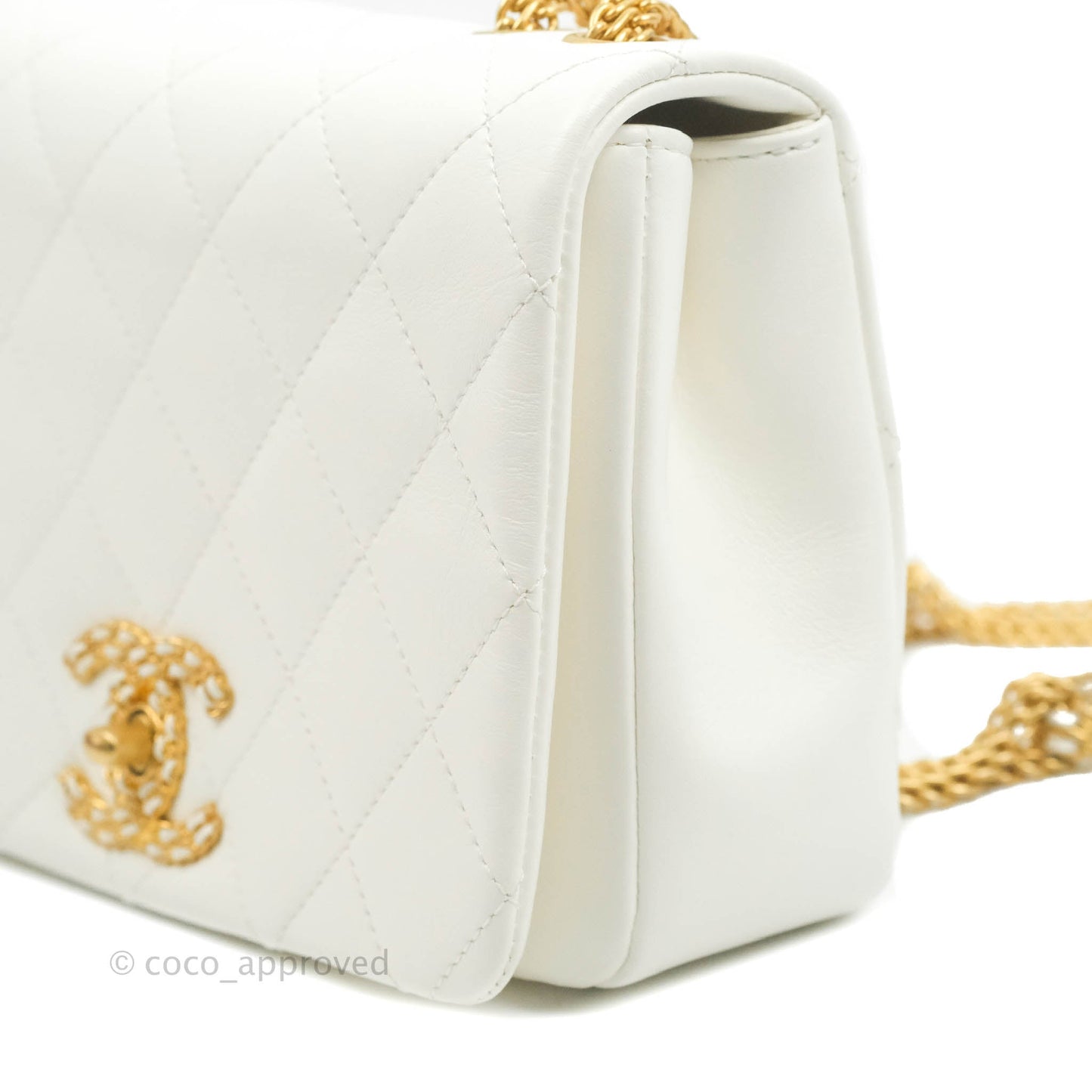 Chanel Large White Flap Bag With Woven CC Logo Lambskin Gold Hardware 22C