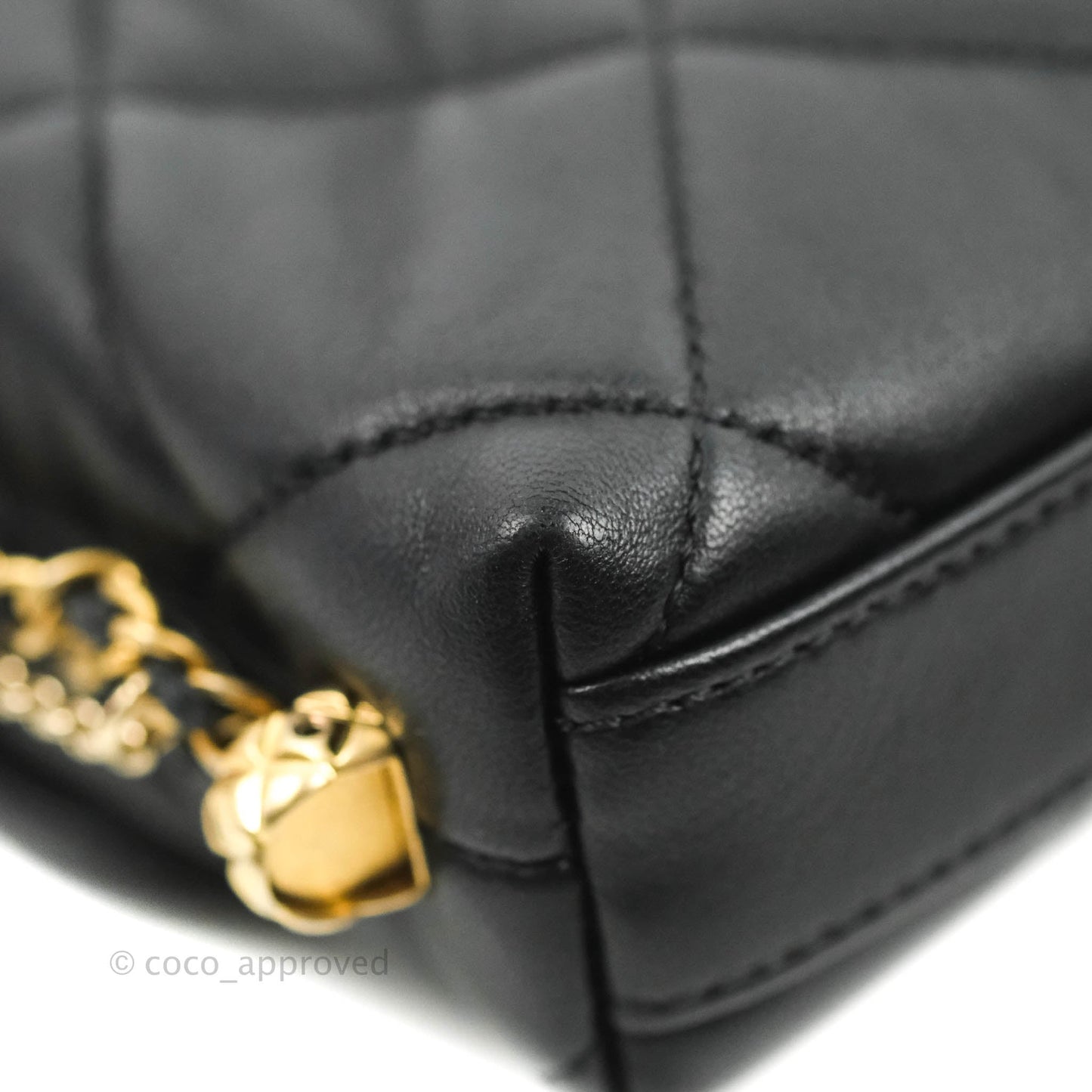Chanel Mini Flap Bag With Pearl And Woven Chain CC Logo Black Lambskin Aged Gold Hardware 21B