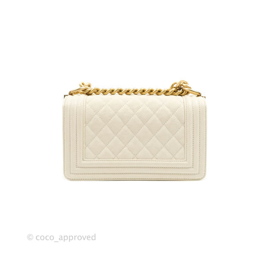 Chanel Boy Small Quilted White Caviar Aged Gold Hardware