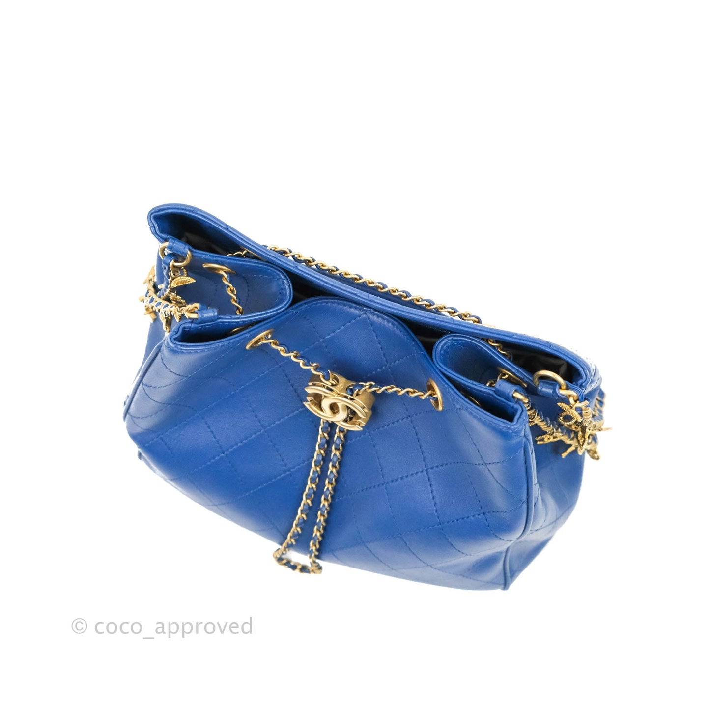 Chanel Egyptian Amulet Drawstring Bucket Bag Navy Aged Gold Hardware