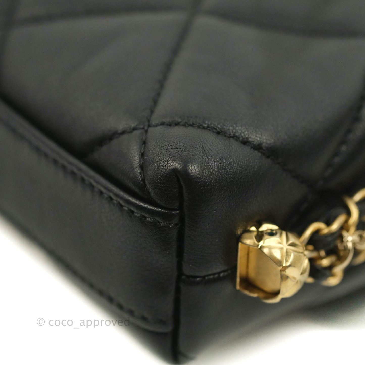 Chanel Mini Flap Bag With Pearl And Woven Chain CC Logo Black Lambskin Aged Gold Hardware 21B