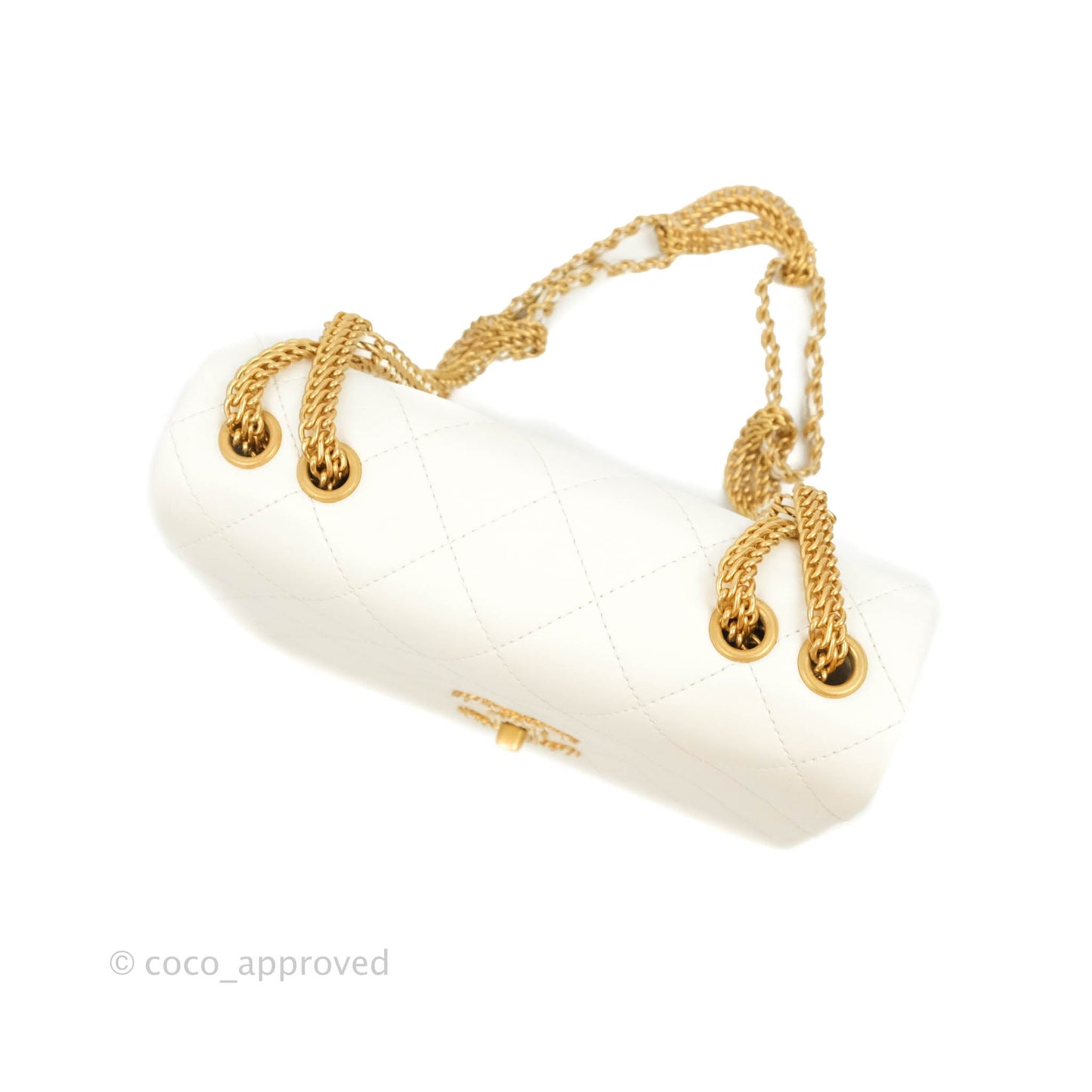 Chanel Large White Flap Bag With Woven CC Logo Lambskin Gold Hardware 22C