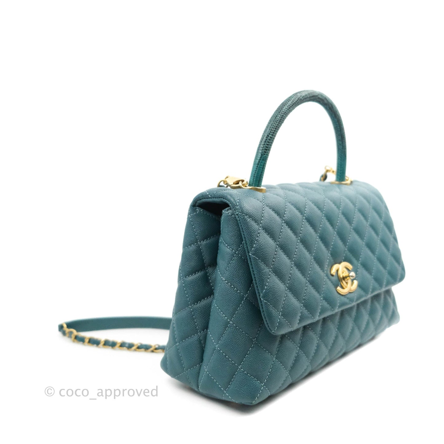 Chanel Medium Coco Handle Quilted Teal Caviar Lizard Handle Aged Gold Hardware