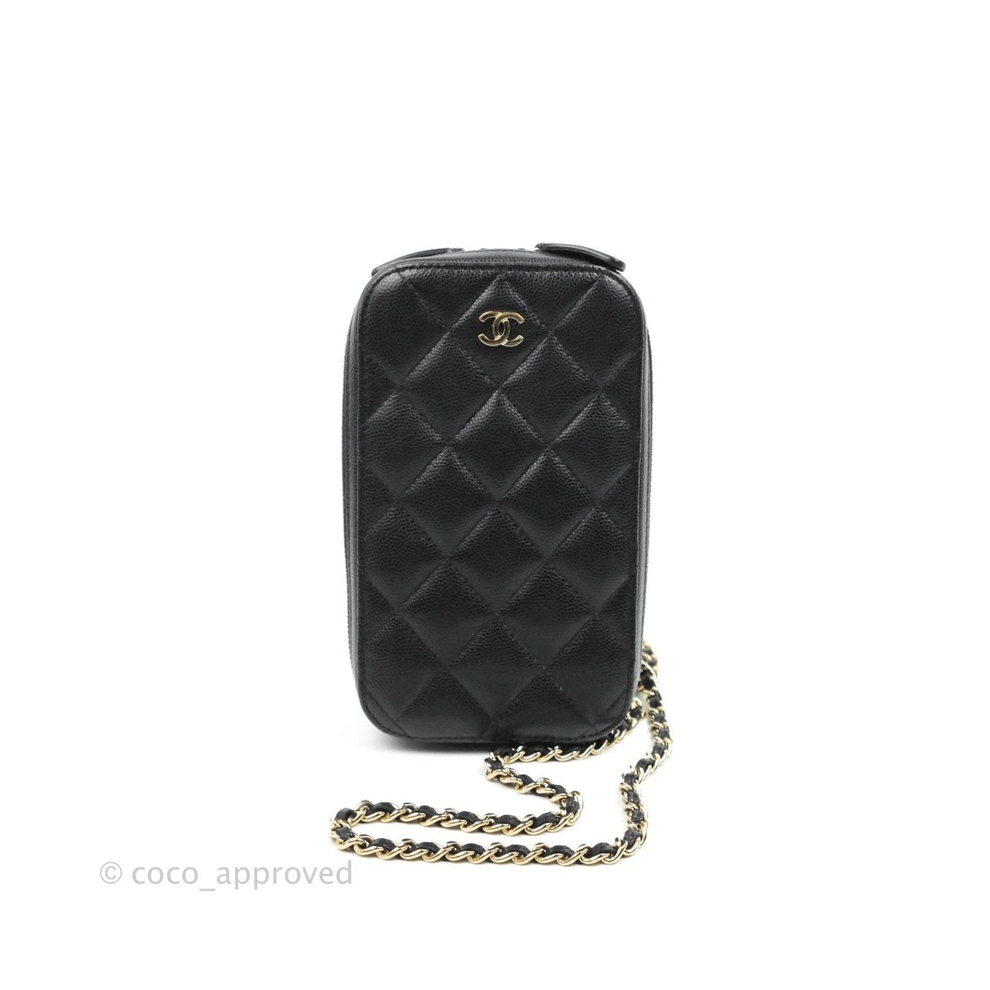 Chanel Quilted WOC Phone Holder Black Caviar Gold Hardware