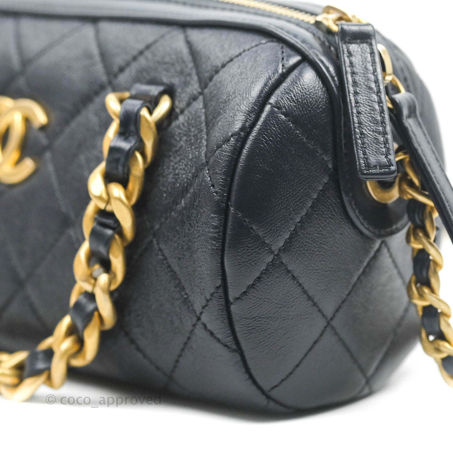 Chanel Quilted Fashion Therapy Bowling Bag Dark Navy Lambskin Gold Hardware
