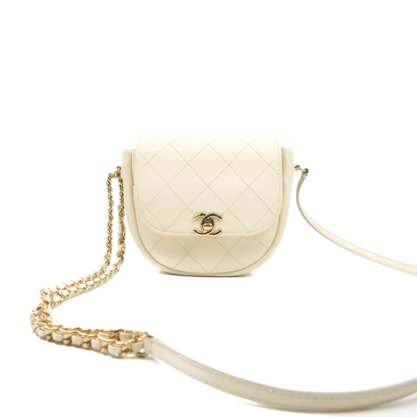Chanel Flat Quilted Mini Flap Bag Ivory Calfskin Gold Hardware