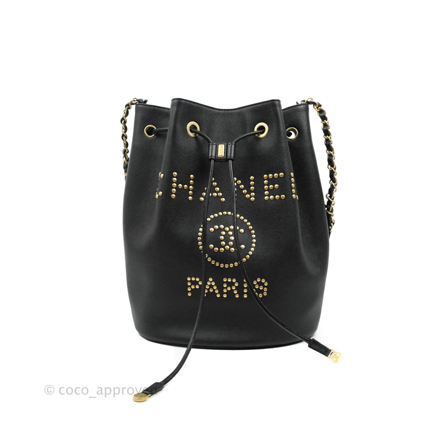 Chanel Studded Deauville Drawstring Bucket Bag Black Caviar