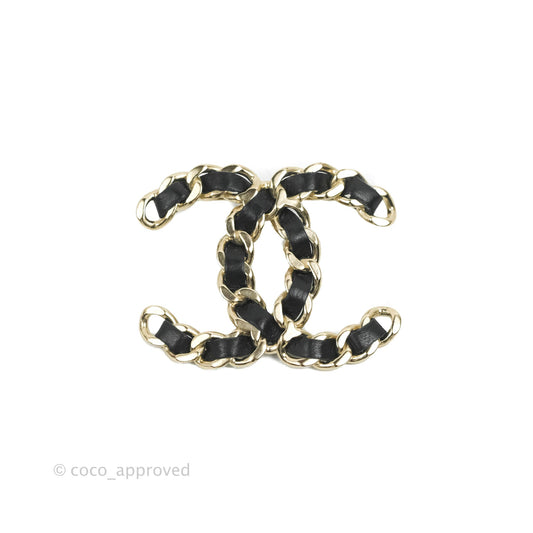 Chanel CC Braided Leather Black Brooch Gold Tone