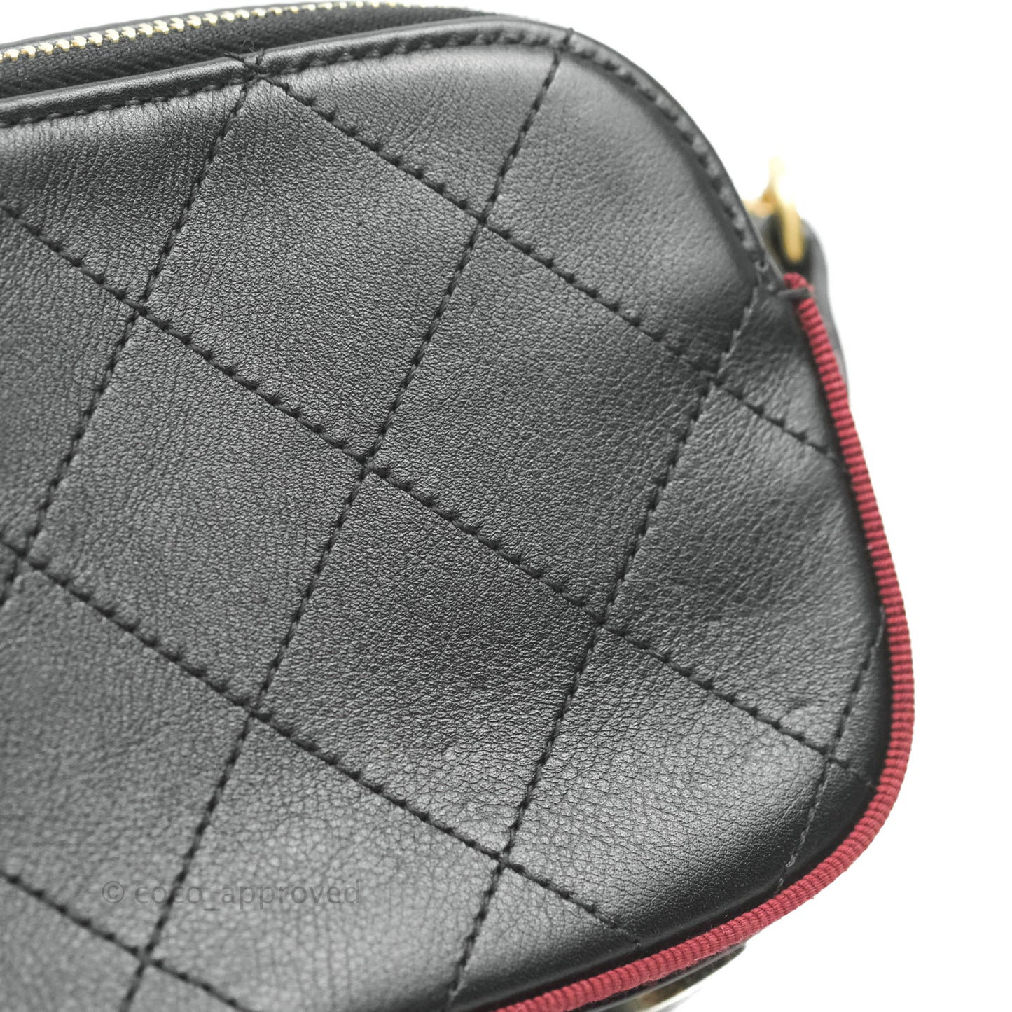 Chanel Small Button Up Camera Case Bag Black Calfskin Grosgrain Aged Gold Hardware