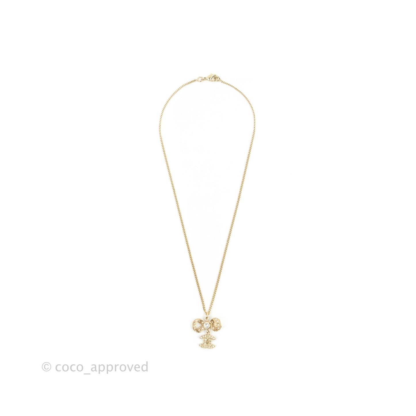 Chanel Ribbon Bow CC Crystal Drop Pendant Necklace Gold Tone 14K