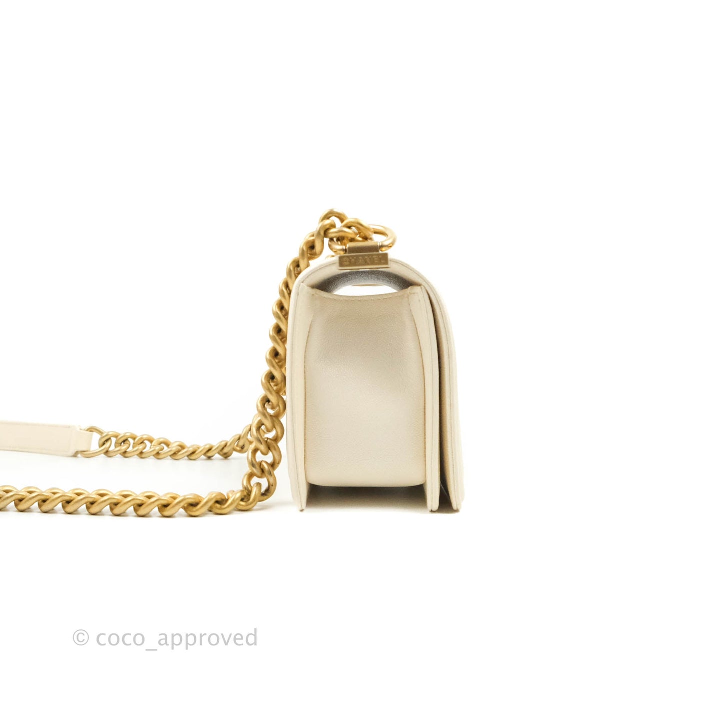 Chanel Boy Small Quilted White Caviar Aged Gold Hardware