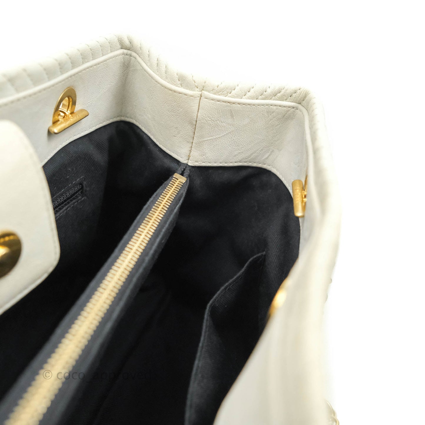 Chanel Chevron Surpique Tote White Crumpled Calfskin Aged Gold Hardware