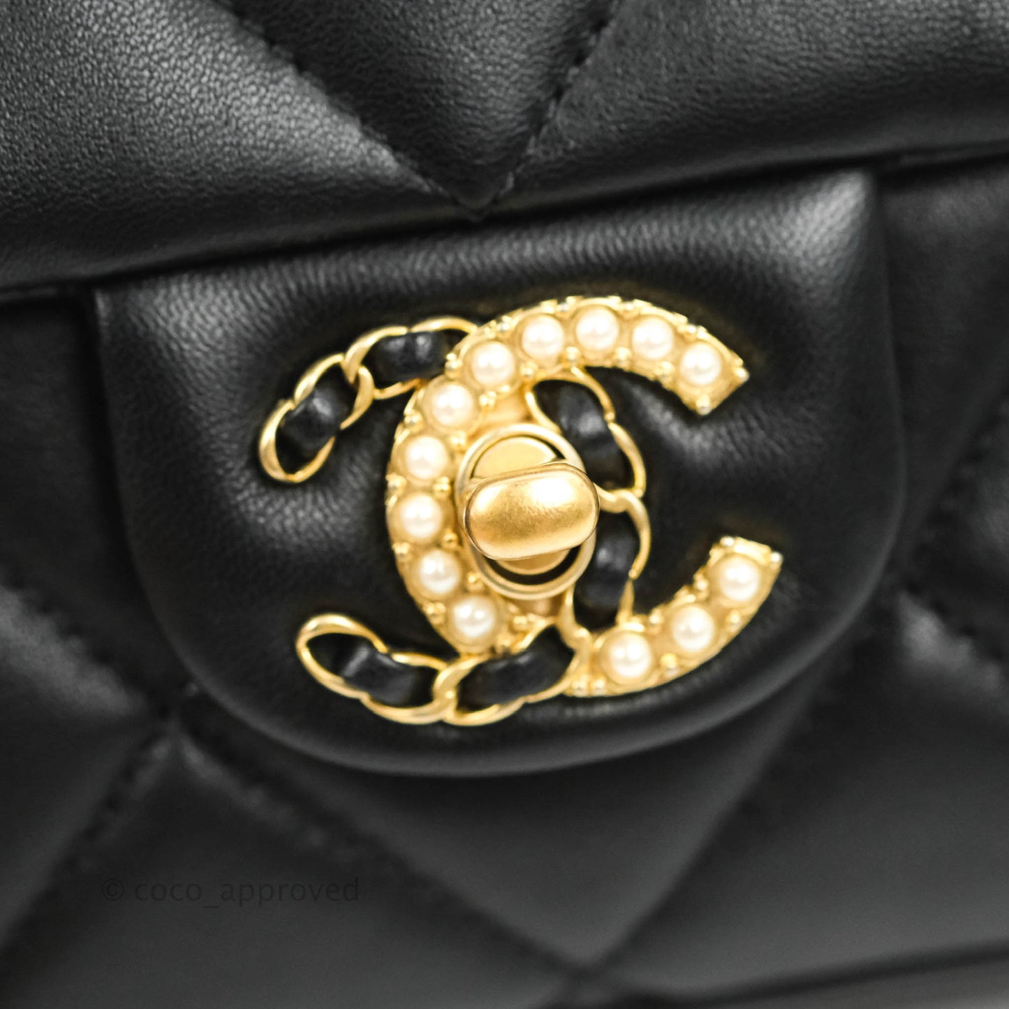 Chanel Mini Flap Bag With Pearl And Woven Chain CC Logo Black Lambskin Aged Gold Hardware 21B