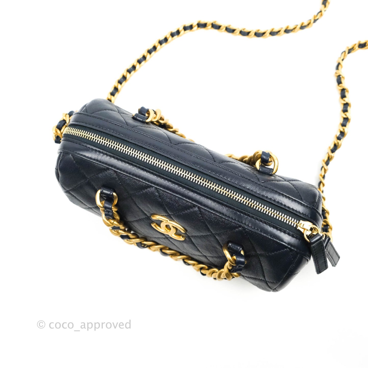 Chanel Quilted Fashion Therapy Bowling Bag Dark Navy Lambskin Gold Hardware