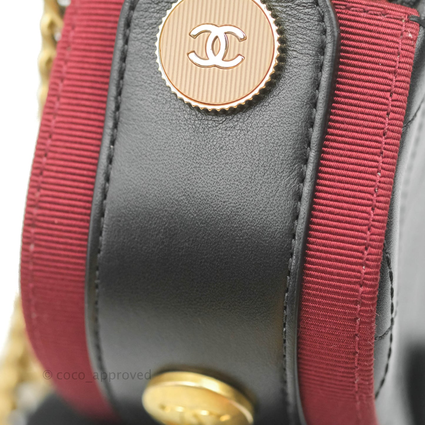 Chanel Small Button Up Camera Case Bag Black Calfskin Grosgrain Aged Gold Hardware