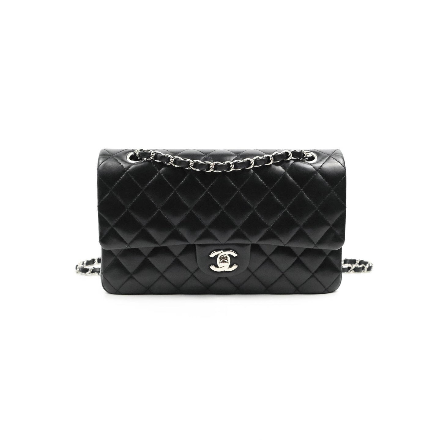 Chanel Classic M/L Medium Flap Quilted Black Lambskin Silver Hardware