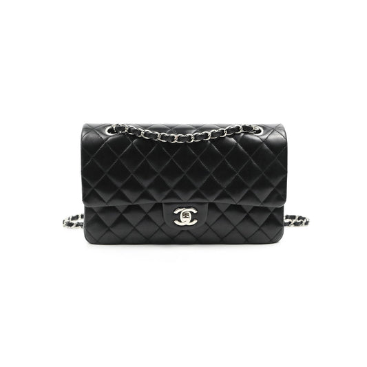 Chanel Classic M/L Medium Flap Quilted Black Lambskin Silver Hardware