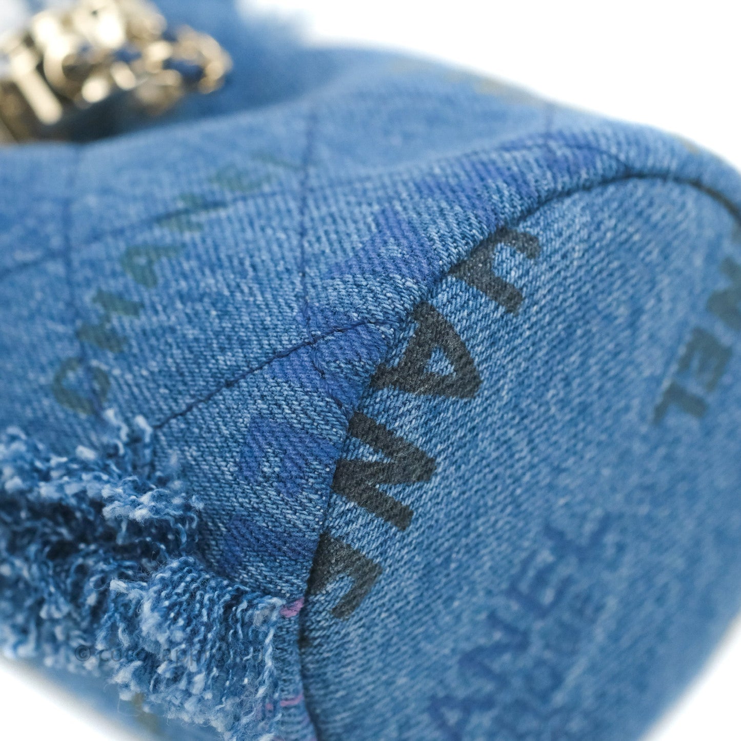 Chanel Mood Denim Mini Bucket Bag with Chain Blue Gold Hardware