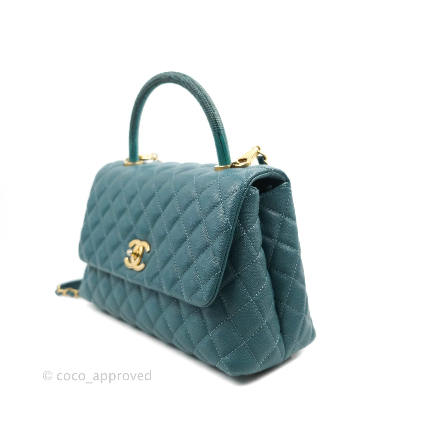 Chanel Medium Coco Handle Quilted Teal Caviar Lizard Handle Aged Gold Hardware
