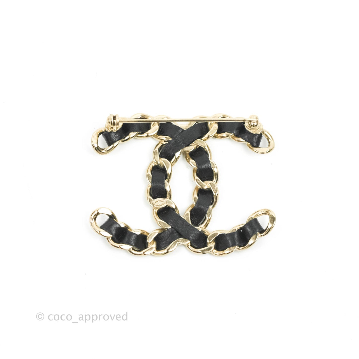 Chanel CC Braided Leather Black Brooch Gold Tone