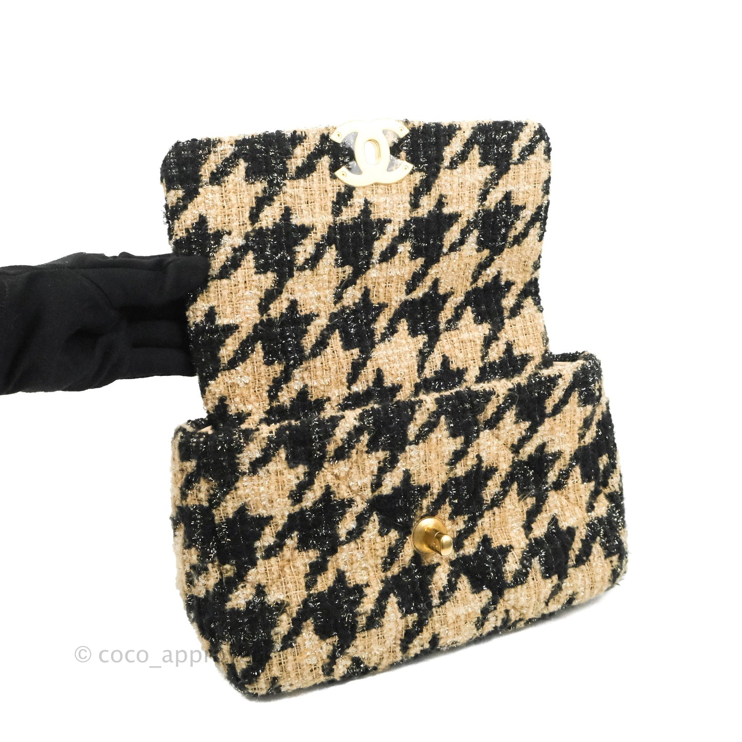 Chanel 19 Small Tweed Houndstooth Black Beige Mixed Hardware