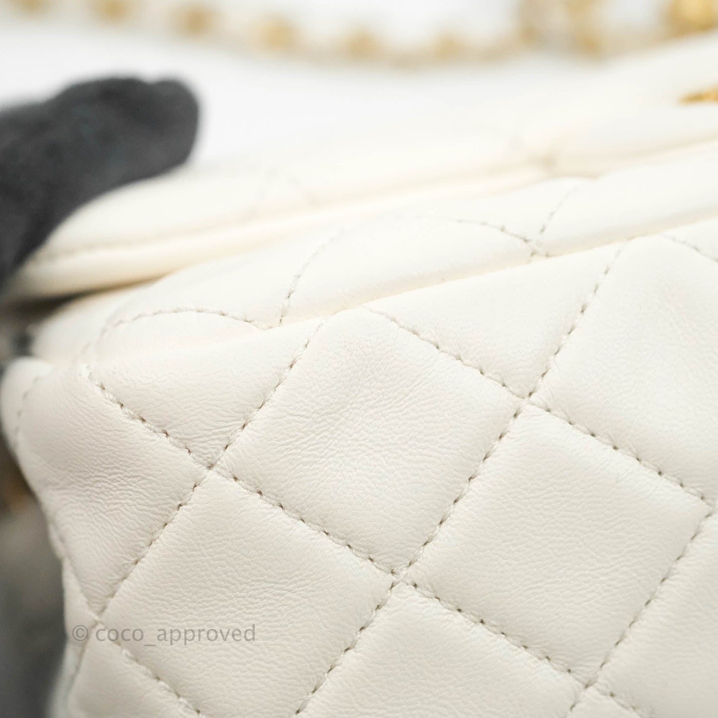 Chanel Mini Rectangular Pearl Crush Quilted White Lambskin Aged Gold Hardware