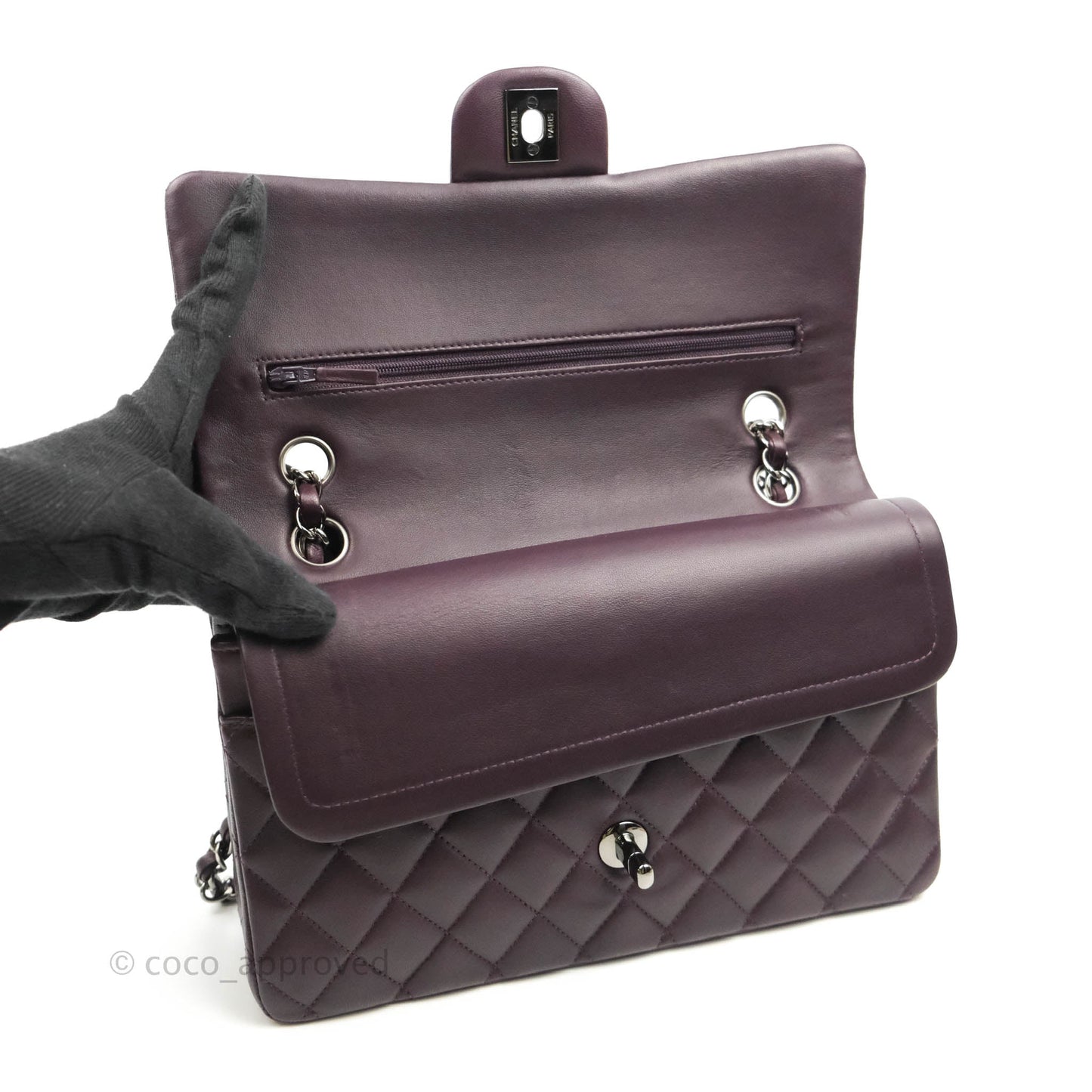 Chanel Classic M/L Medium Flap Quilted Purple Burgundy Lambskin Silver Hardware