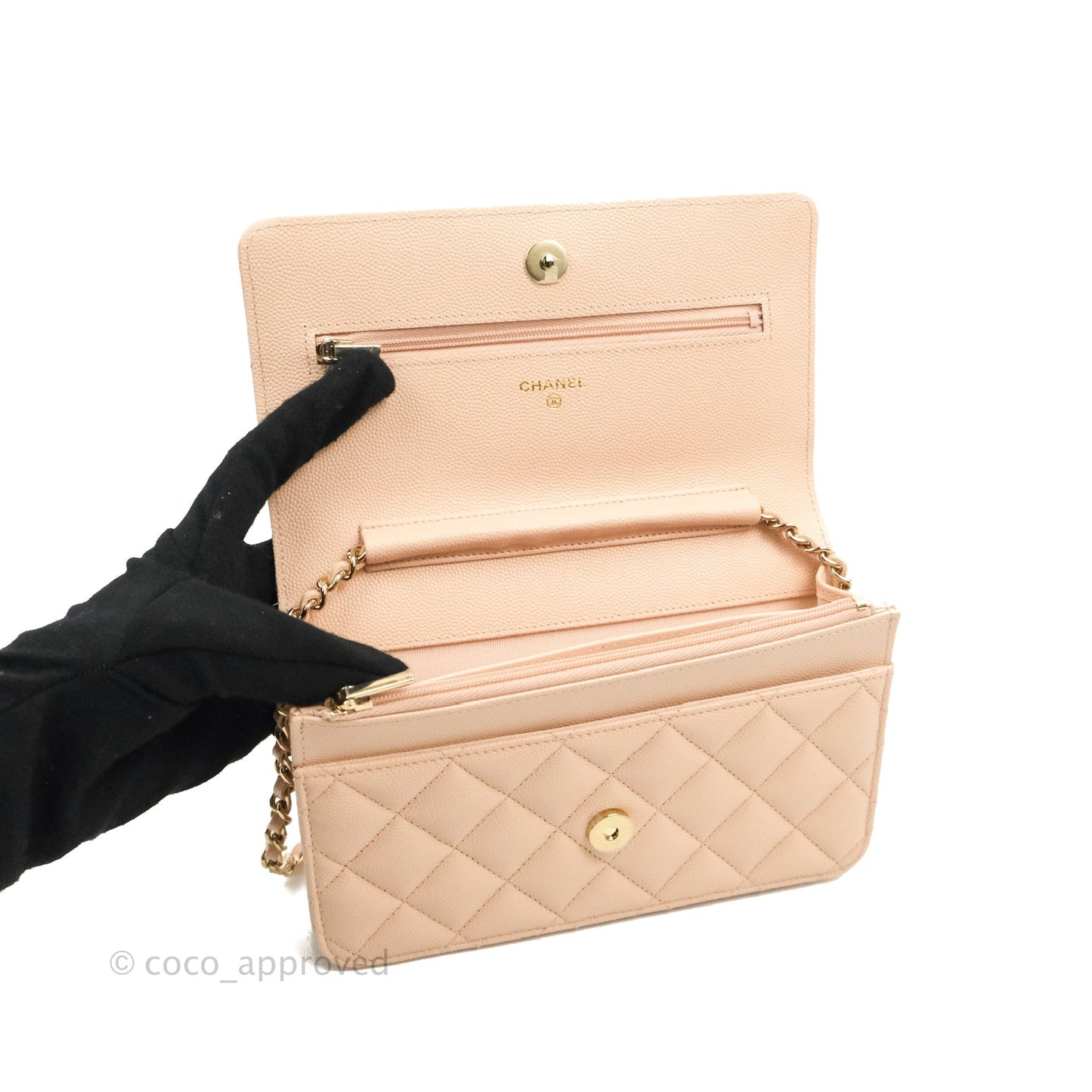 Chanel Quilted Classic Wallet on Chain WOC Light Beige Caviar Gold Hardware