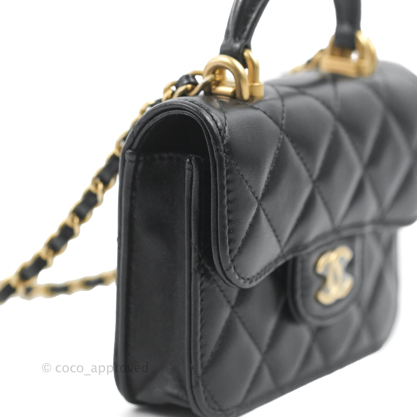 Chanel Mini Handle Flap Coin Purse With Chain Black Lambskin Gold Hardware
