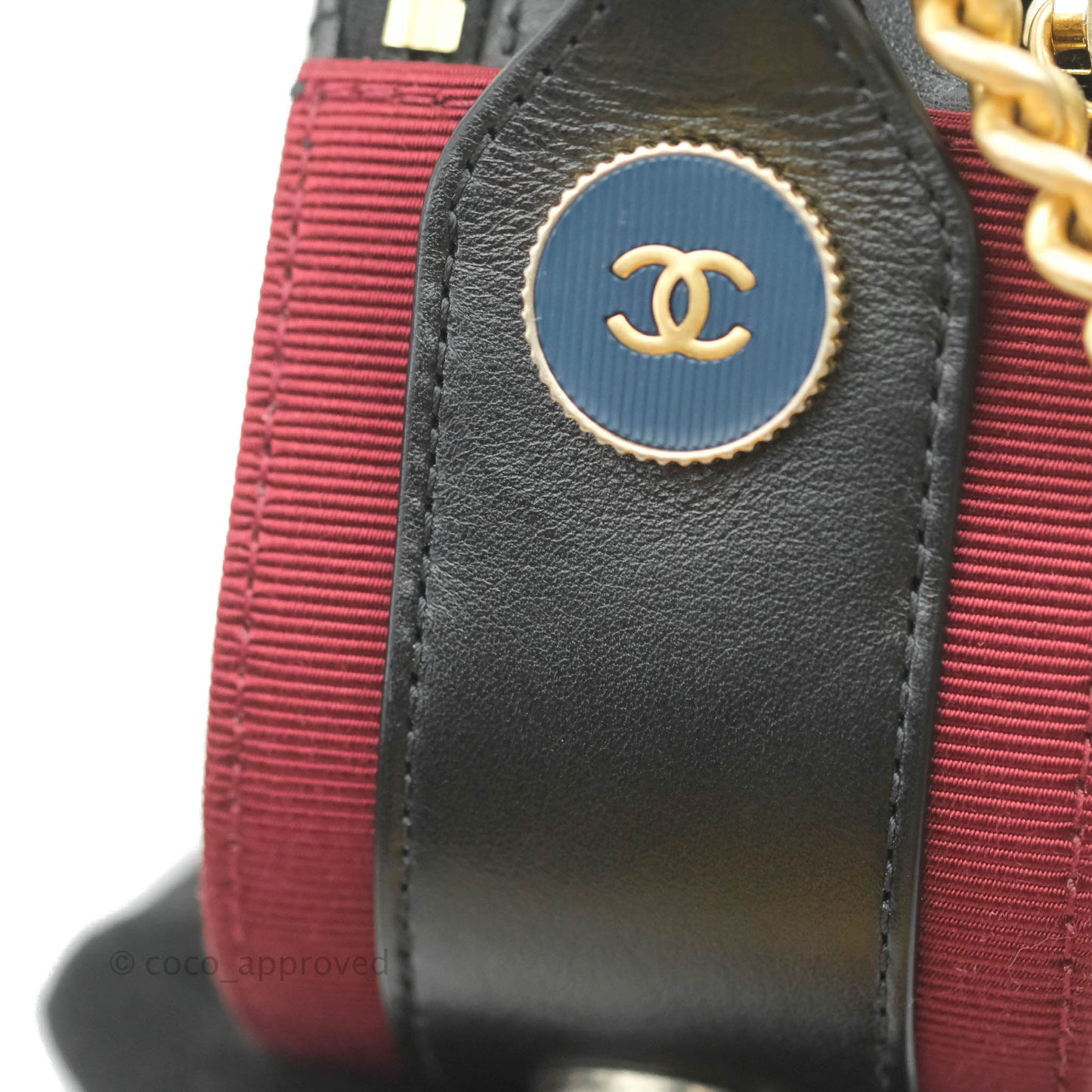 Chanel Small Button Up Camera Case Bag Black Calfskin Grosgrain Aged Gold Hardware