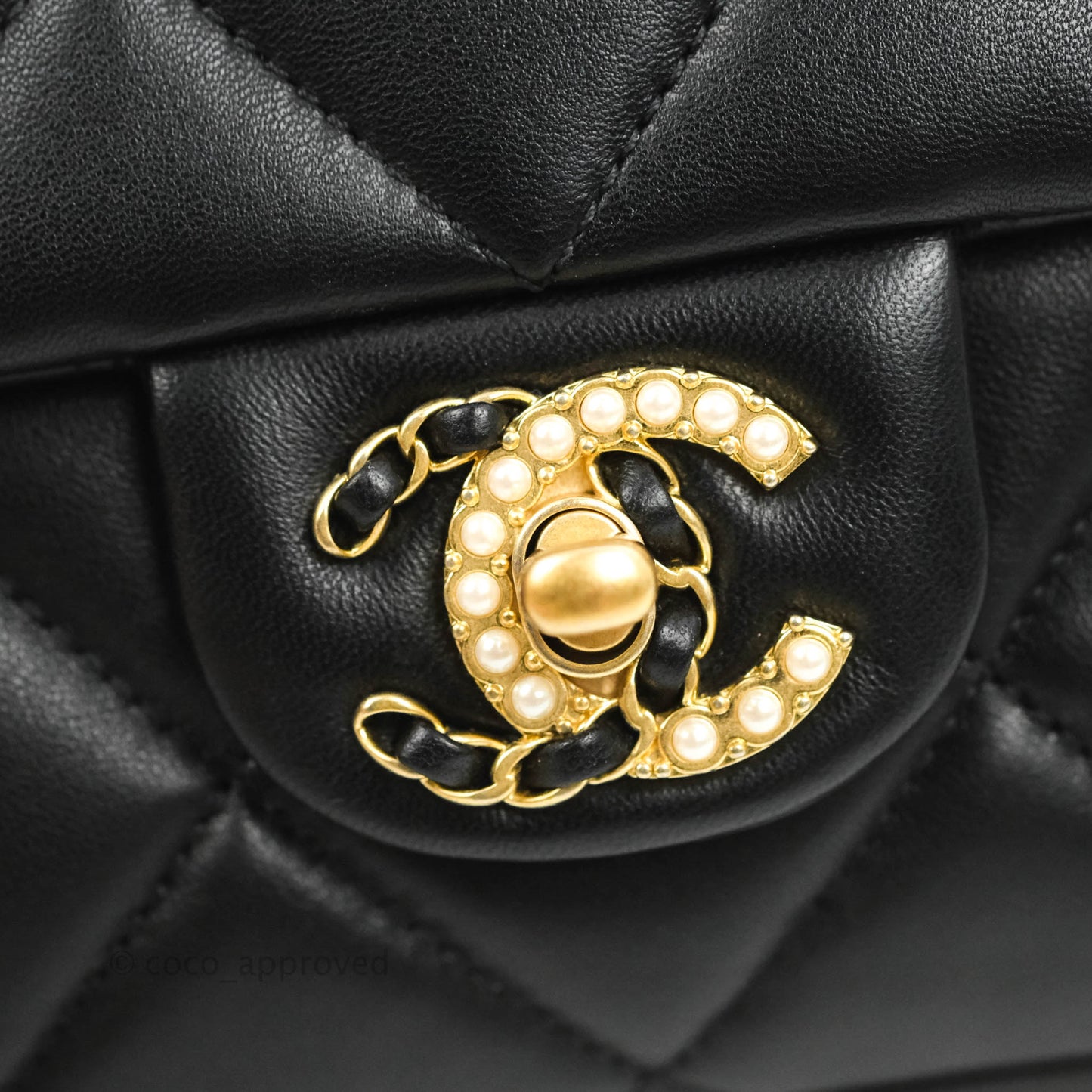 Chanel Mini Flap Bag With Pearl And Woven Chain CC Logo Black Lambskin Aged Gold Hardware 21B
