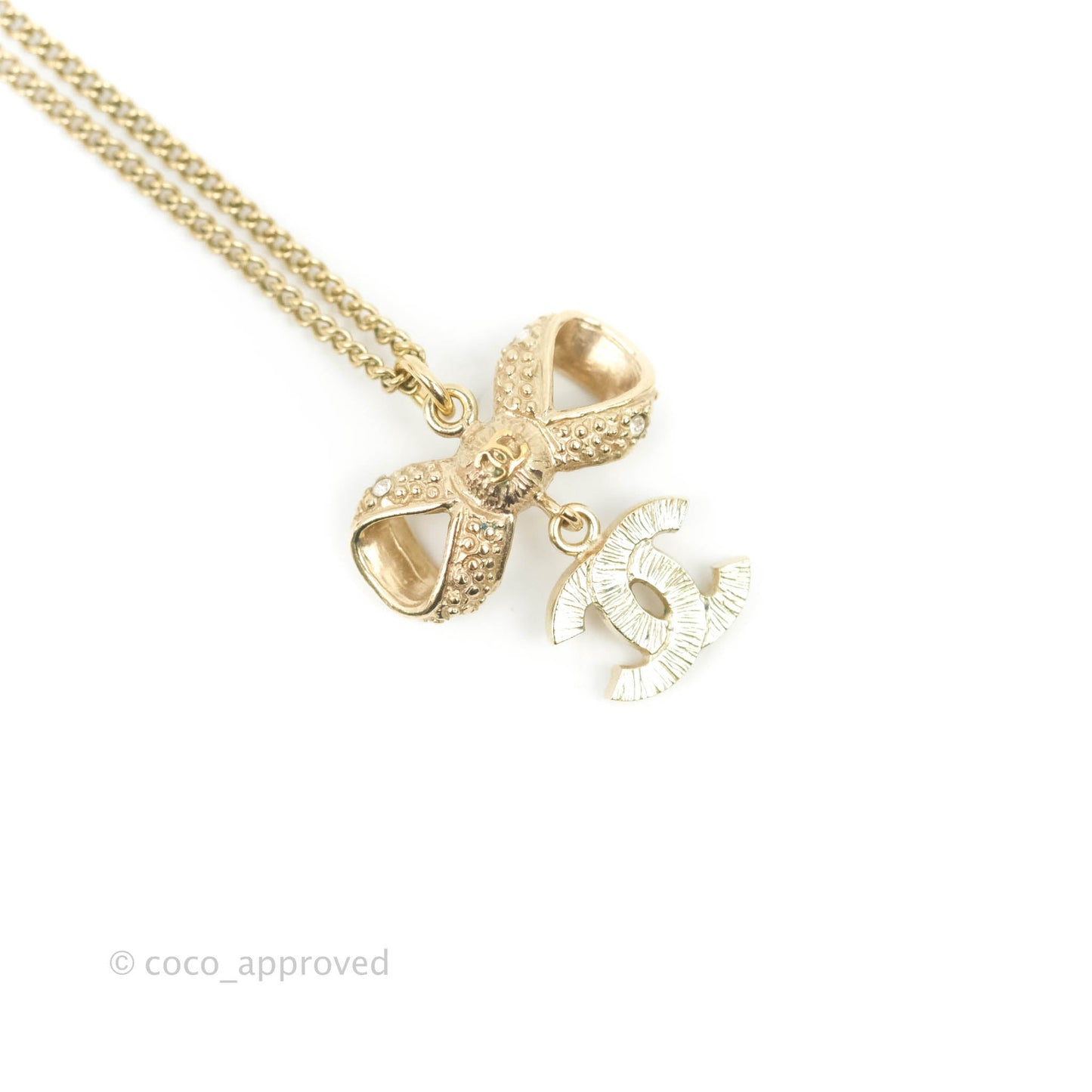 Chanel Ribbon Bow CC Crystal Drop Pendant Necklace Gold Tone 14K