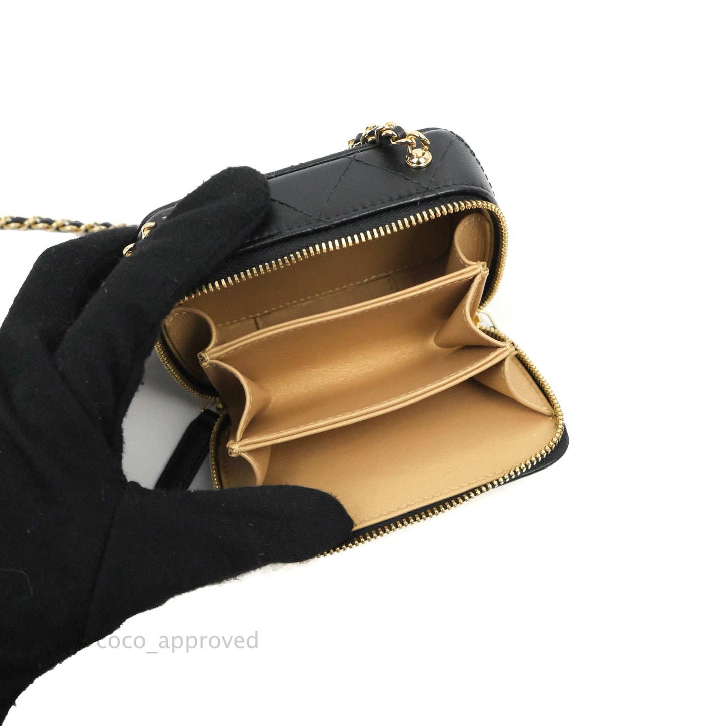 Chanel Quilted Mini Golden Plate Vanity Case With Chain Black Lambskin Gold Hardware