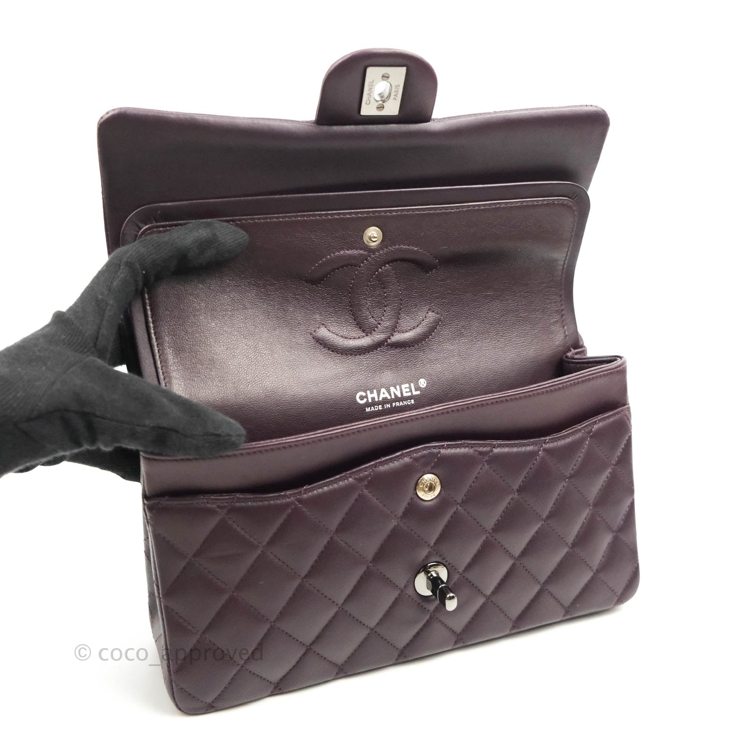 Chanel Classic M/L Medium Flap Quilted Purple Burgundy Lambskin Silver Hardware