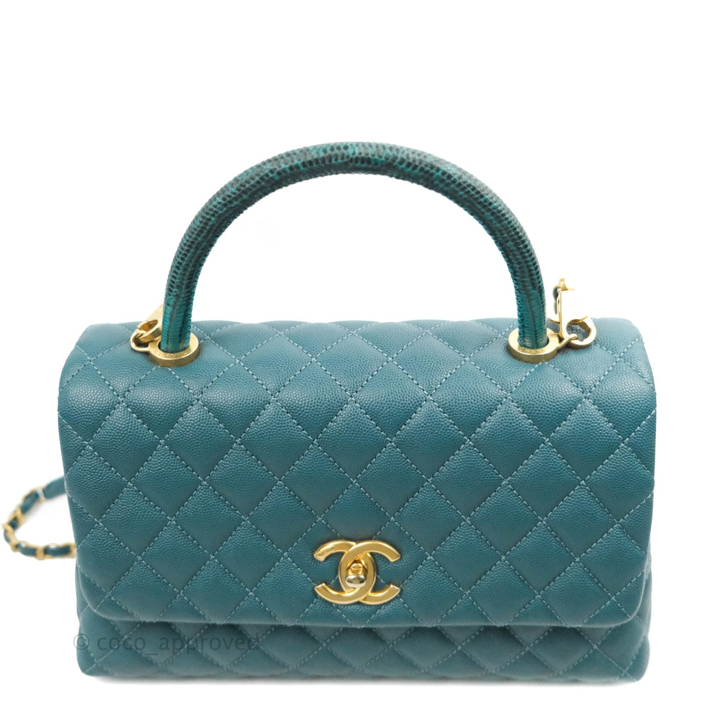 Chanel Medium Coco Handle Quilted Teal Caviar Lizard Handle Aged Gold Hardware