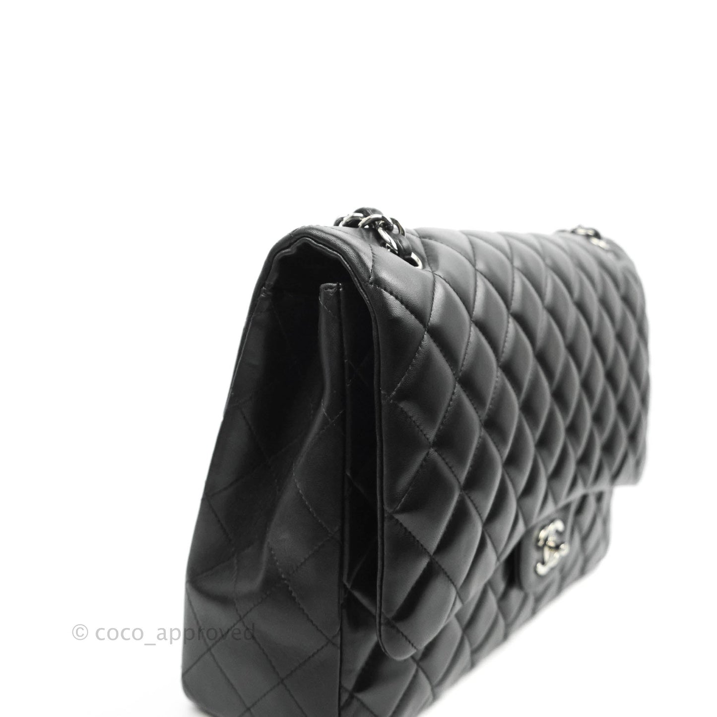 Chanel Quilted Maxi Single Flap Black Lambskin Silver Hardware