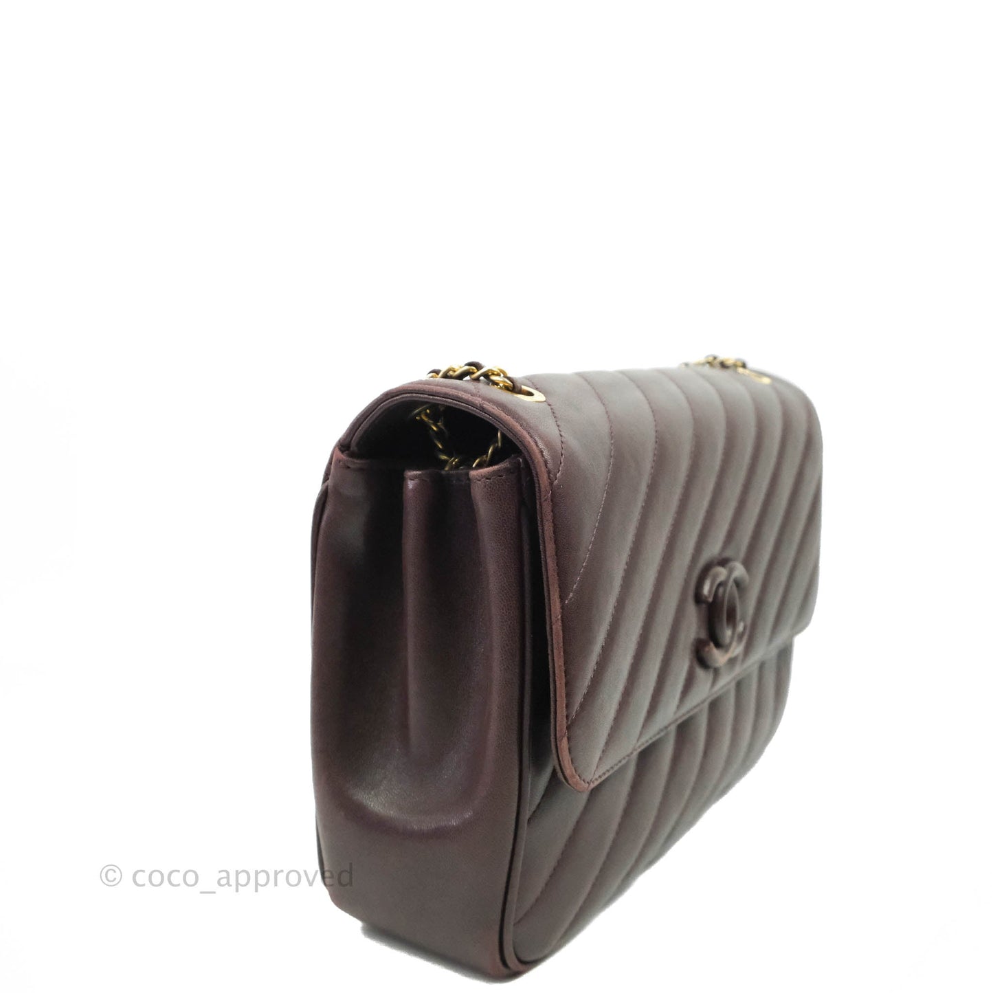 Chanel CC Signature Flap Bag Diagonal Burgundy Calfskin Aged Gold Hardware