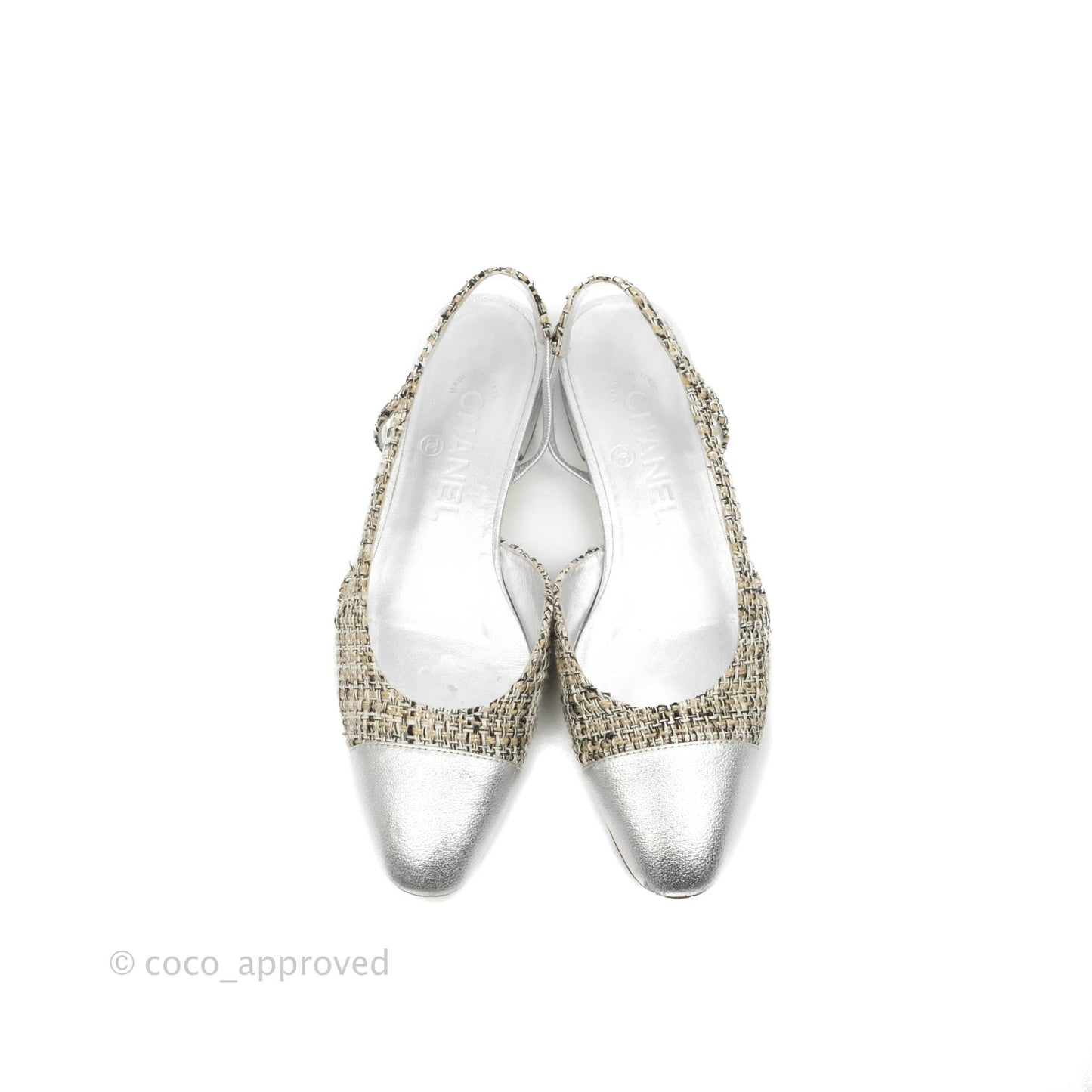 Chanel Classic Slingback Tweed and Silver Calfskin Size 36C