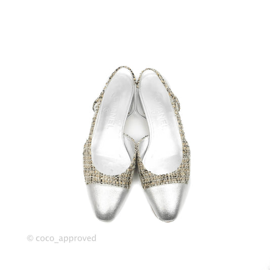 Chanel Classic Slingback Tweed and Silver Calfskin Size 36C