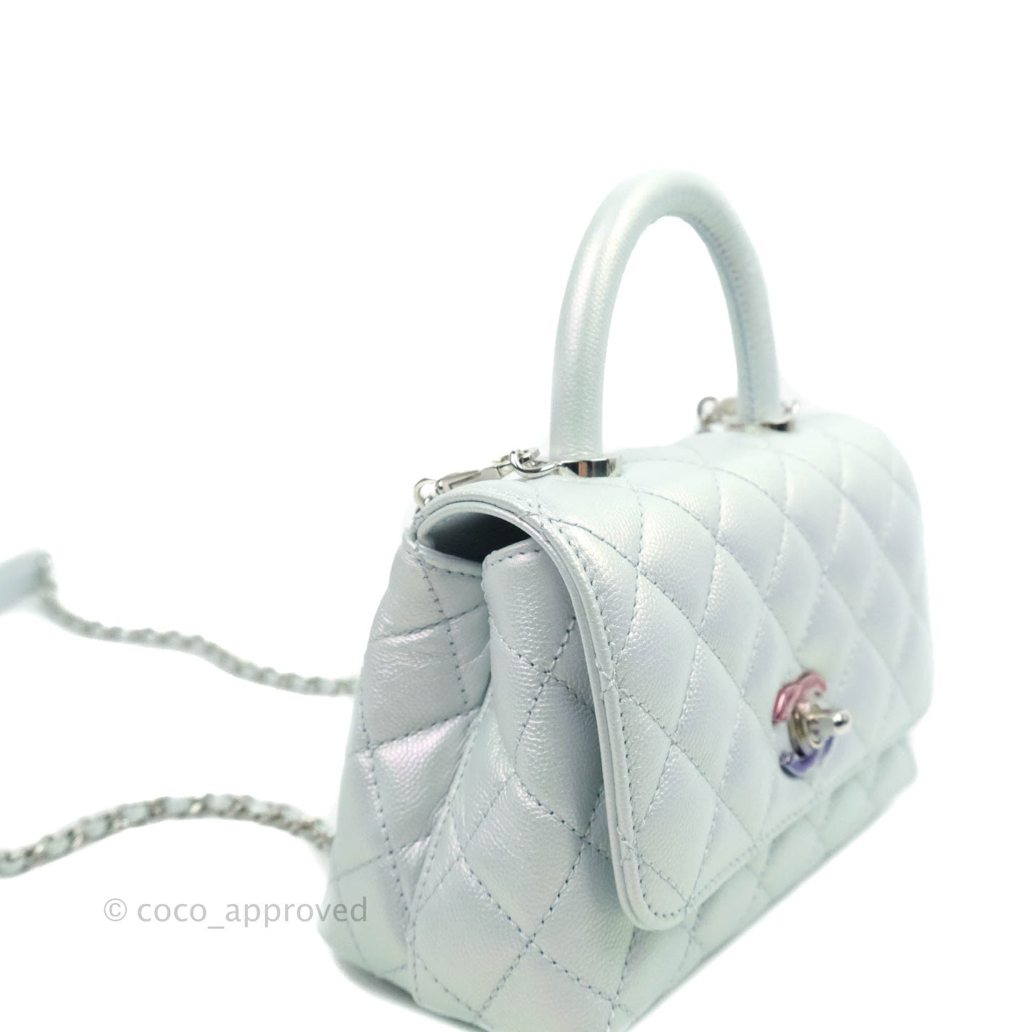 Chanel Mini Coco Handle Quilted Iridescent Light Blue Caviar Rainbow Hardware