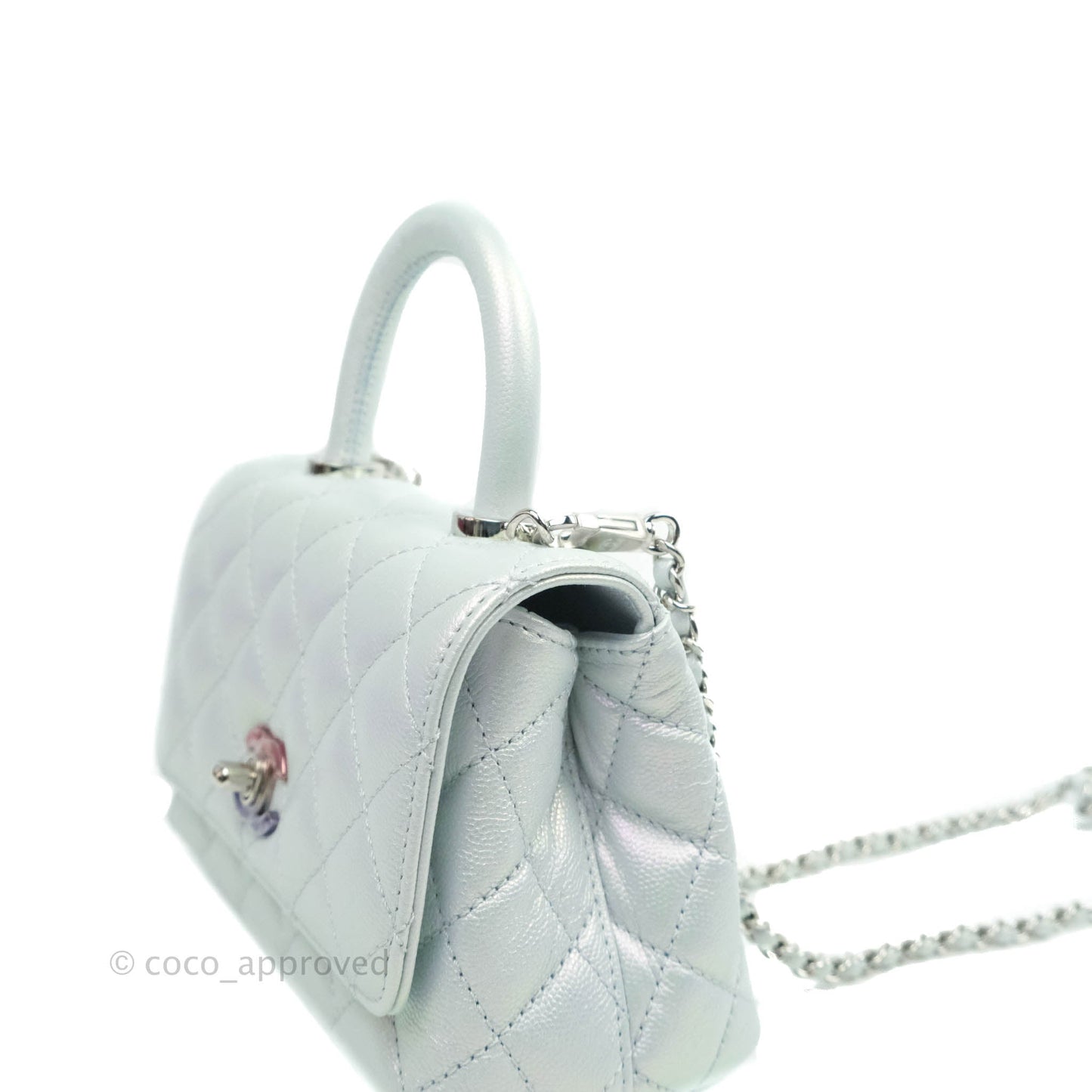 Chanel Mini Coco Handle Quilted Iridescent Light Blue Caviar Rainbow Hardware