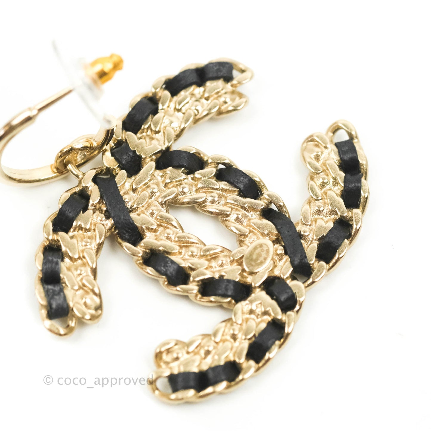 Chanel Crystal CC Braided Black Leather Drop Earrings Gold Hardware 20C