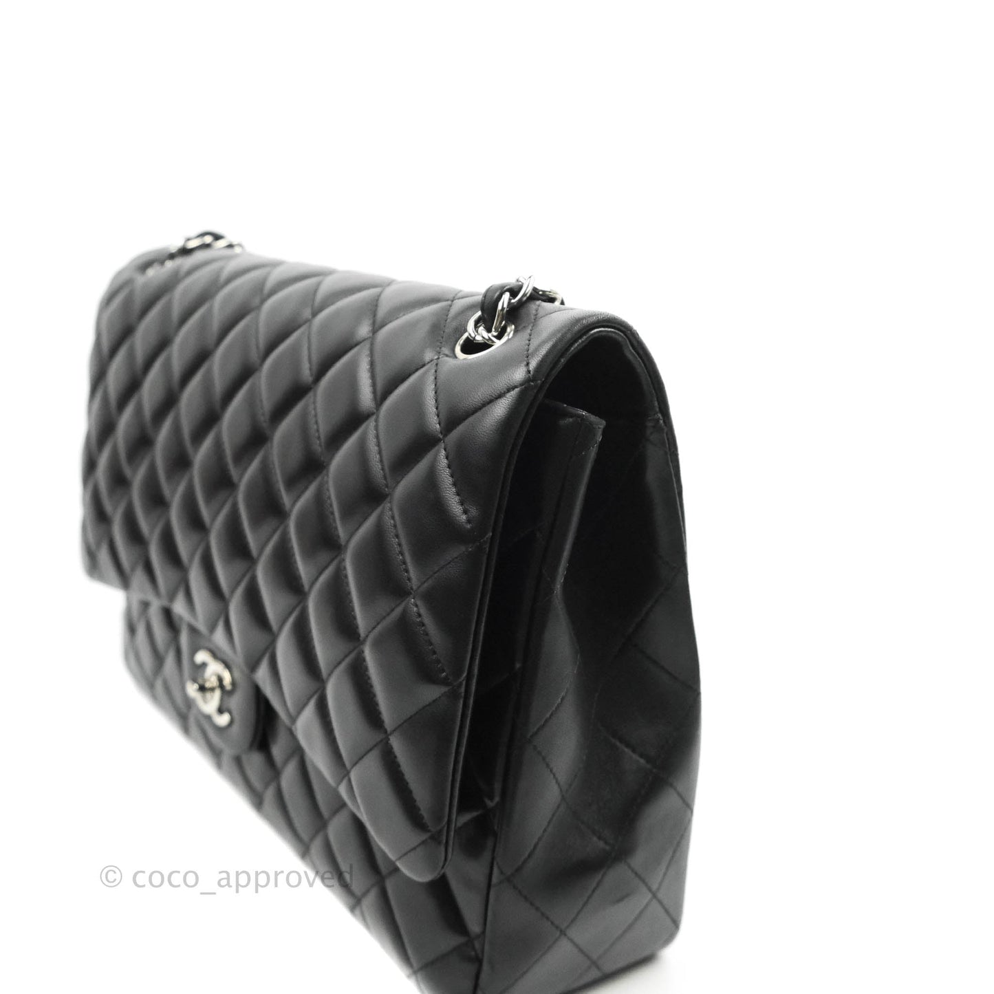 Chanel Quilted Maxi Single Flap Black Lambskin Silver Hardware